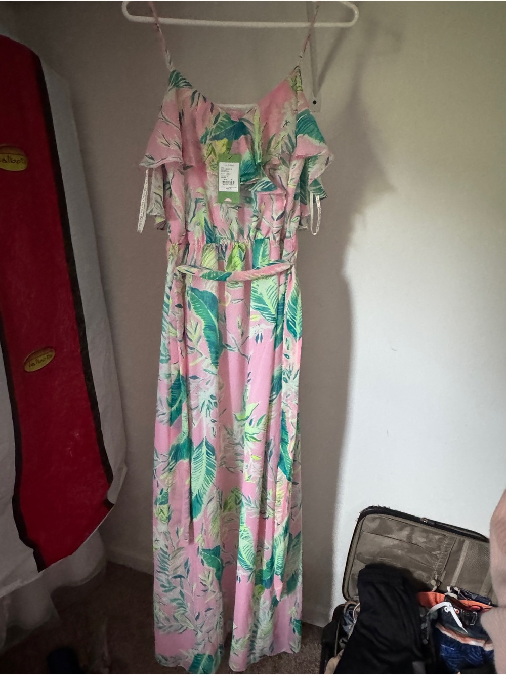 Lilly Pulitzer Pink Maxi Dress with Green Tropical Leaf Print